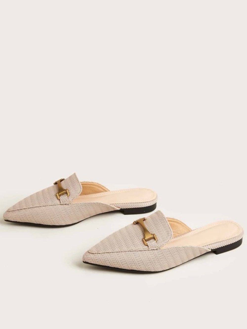 Beige Pointed Toe Mule Flats – Gold Detail Slip-On Loafer Shoes - 9.5 - Picture 4 of 5